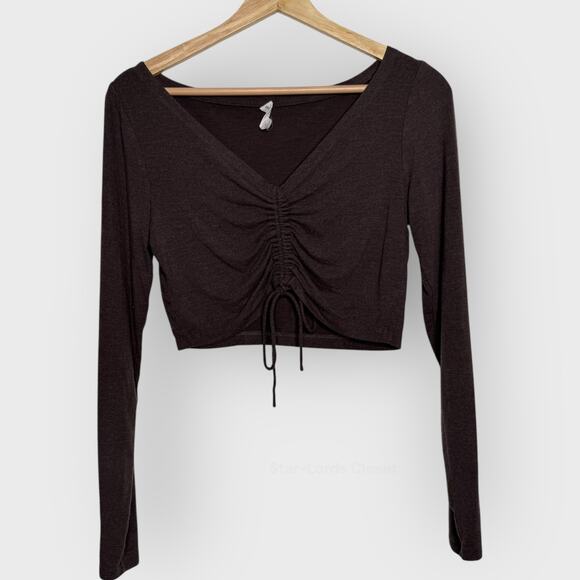 Daily Practice Anthropologie Humboldt Crop Top Medium Brown Cinched Long Sleeve - Picture 1 of 8